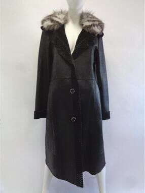 Brand New Black Sheepskin Lamb Fox Fur Coat Jacket Women Woman Sz 2-4 Petite